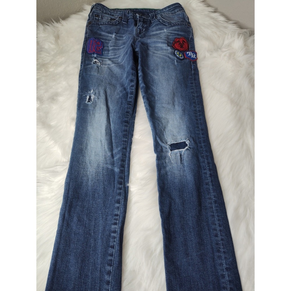 True Religion Rocco Skinny Jeans Boys Size 12 Blue Distressed Patch Denim